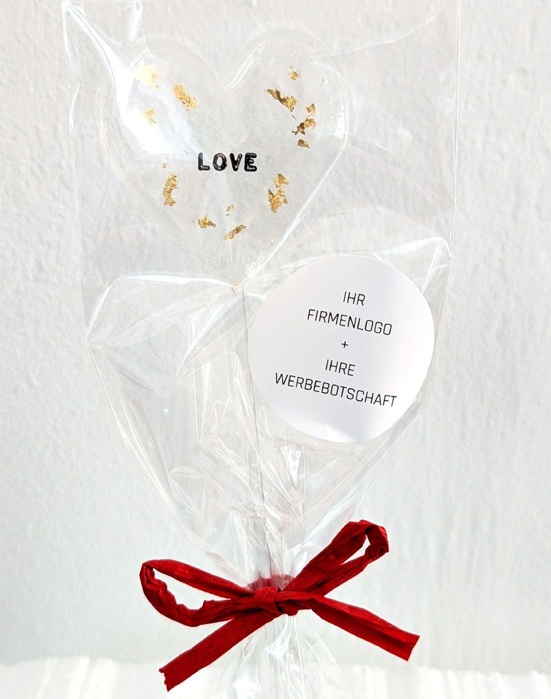 herzlolli mit blattgold und stempelung love